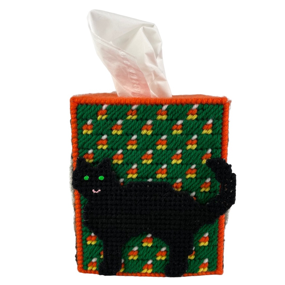 Vintage Handmade Halloween Square Tissue Kleenex Box Holder Black Cat Ghost Knit
